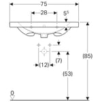 Lavabo serie Geberit Acanto, con superficie de apoyo: 75x48cm, Toma de grifo=Centro, Rebosadero=Visible, Blanco